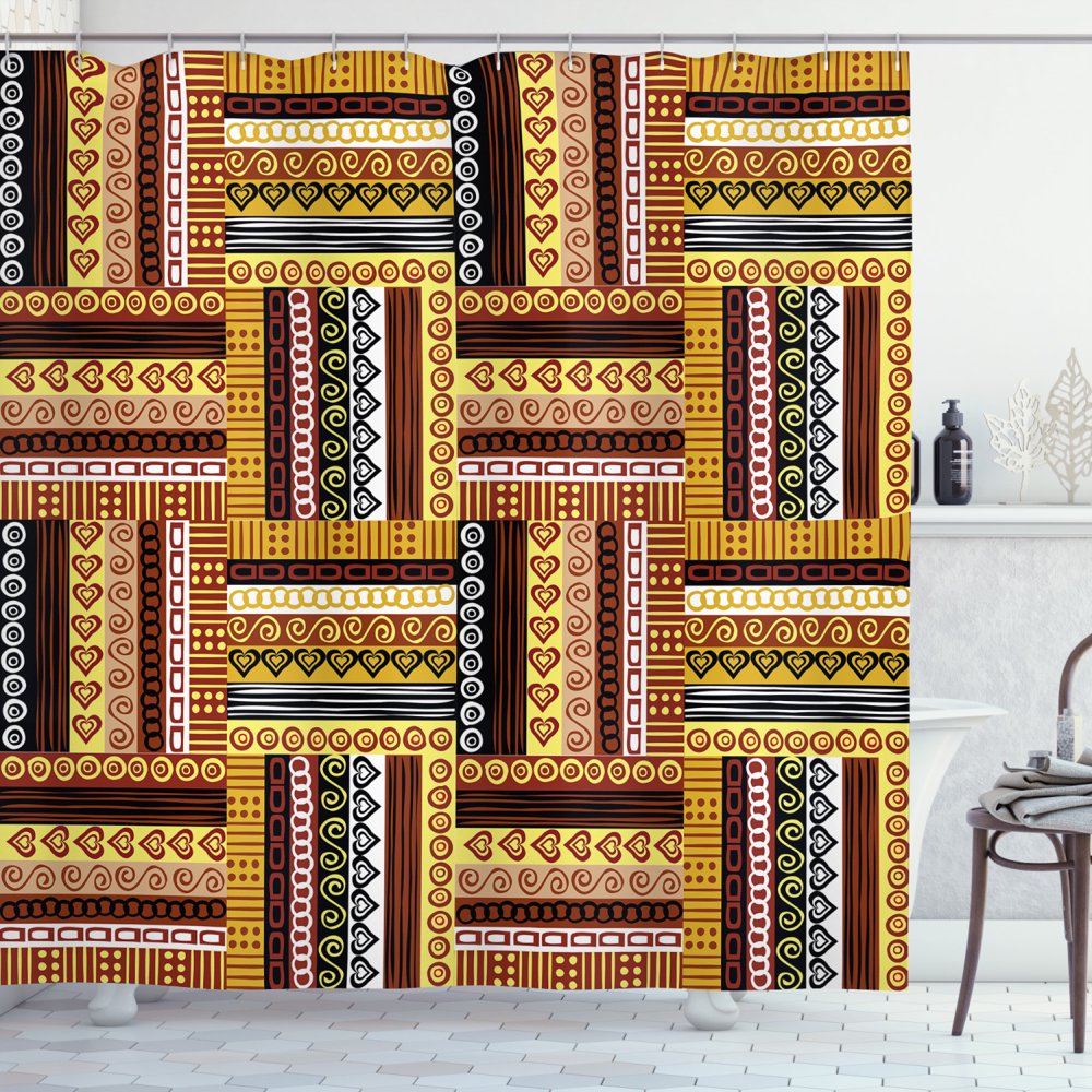 Ethnic Shower Curtain, Traditional African Oriental Motifs with Tribal