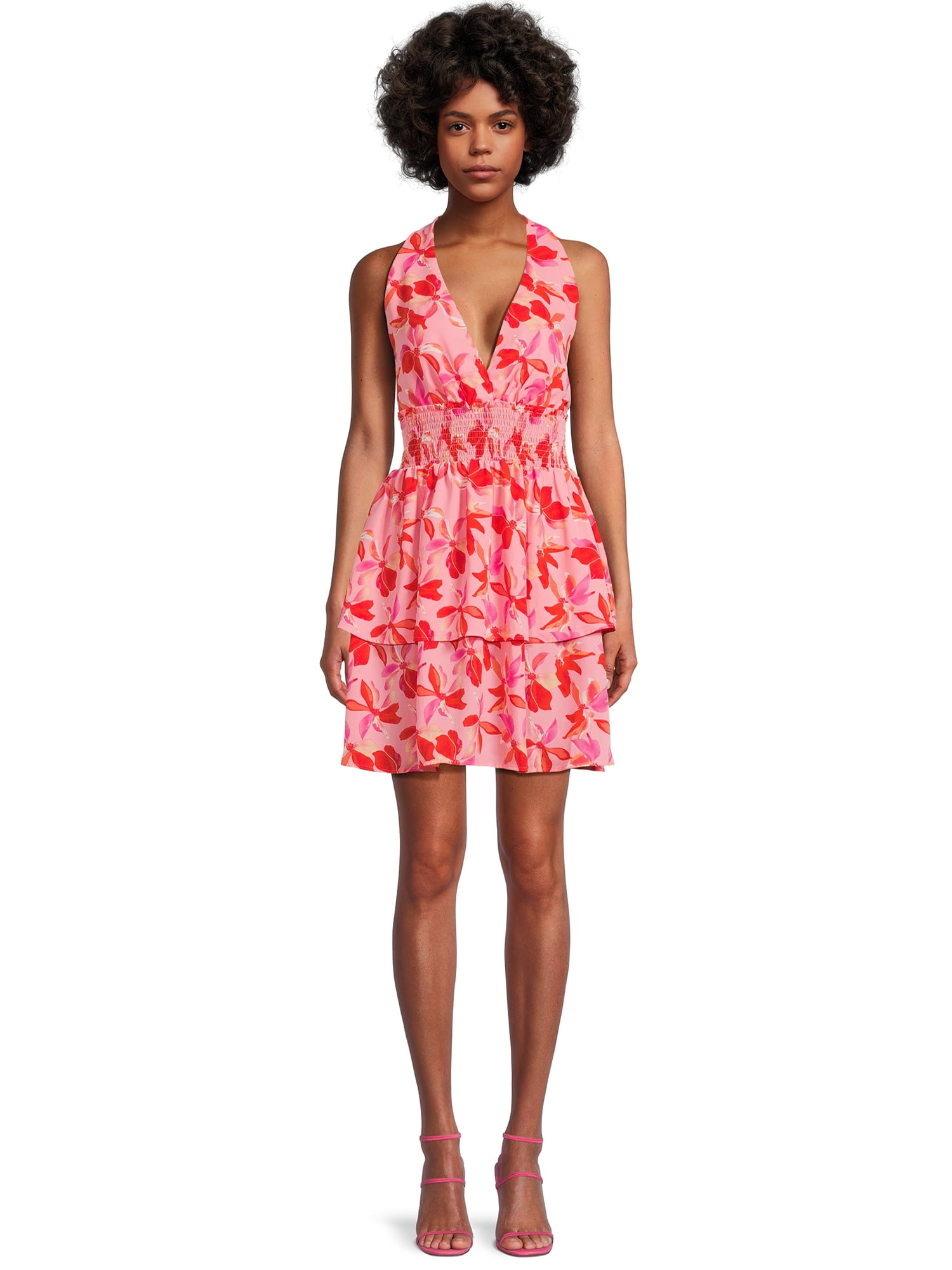 Madden NYC Juniors Plunge Halter Dress with Tiered Skirt