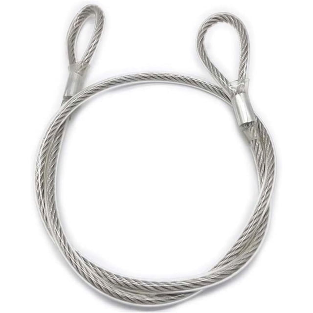 cables de seguridad de acero inoxidable, cable de seguridad para candado de equipaje, trenzado ligero — cable de acero trenzado plateado de 4 mm x 3 m con dos ojales fijos y doble anillo, acabado anticorrosión, dispuesto en bucle sobre fondo blanco; ideal para asegurar maletas, bicicletas y equipos, y también usado para fijar iluminación de escenario ligera.