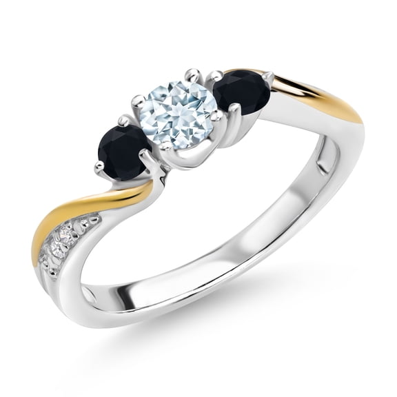 Gem Stone King 925 Sterling Silver Sky Blue Aquamarine Black Onyx and White Lab Grown Diamond 3 Stone Engagement Ring for Women (0.48 Cttw, Gemstone March Birthstone, Size 5)
