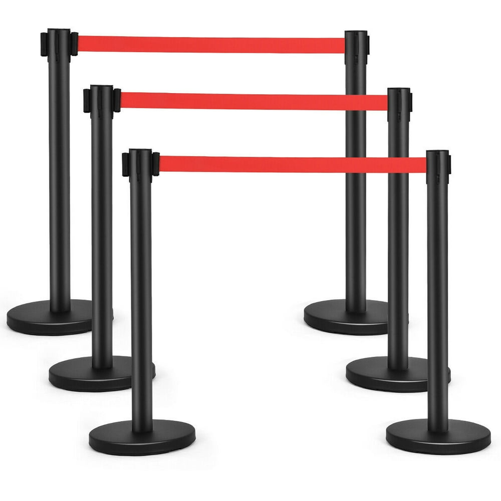 Costway 6Pcs Black Stanchion Posts Queue Pole Retractable Red Belt