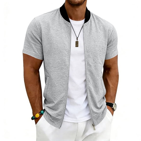 Dresfit Windbreaker Jackets for Men Big and Tall Stand Collar Bomber Jacket Summer 2026 Short Sleeve Baseball Outwear Lightweight Slim Fit Coat with Pockets S