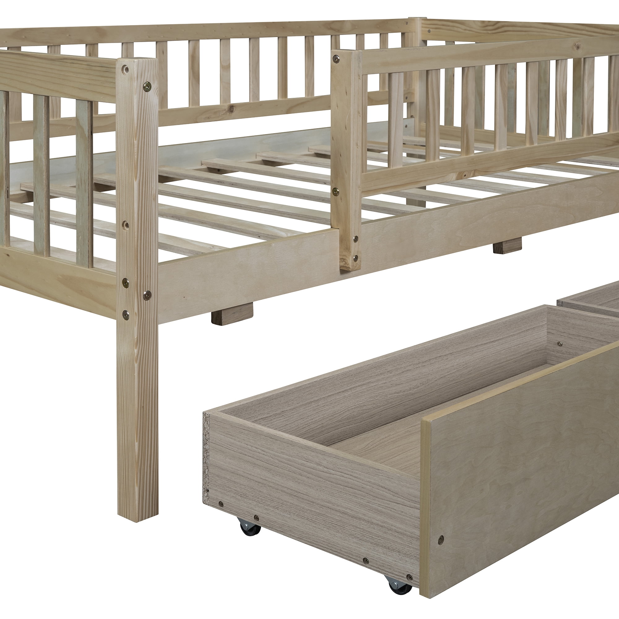 Bellemave Twin Daybed with Storage and Fence, Wooden Twin Size Platform Bed with Rails and 2 Drawers, Low Loft Bed Frame, No Box Spring Needed (Natural)