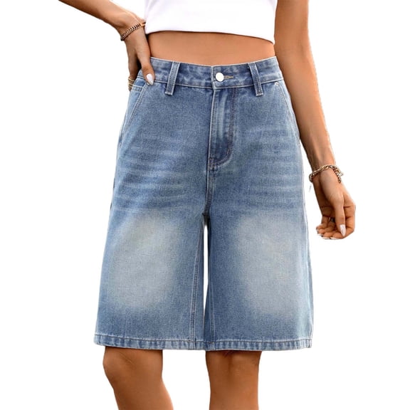 PWPSG Womens High Waist Denim Bermuda Shorts, Wide Leg Cut with Frayed Hem, Washed Vintage Fabric for Street Style Outfits Blue XL