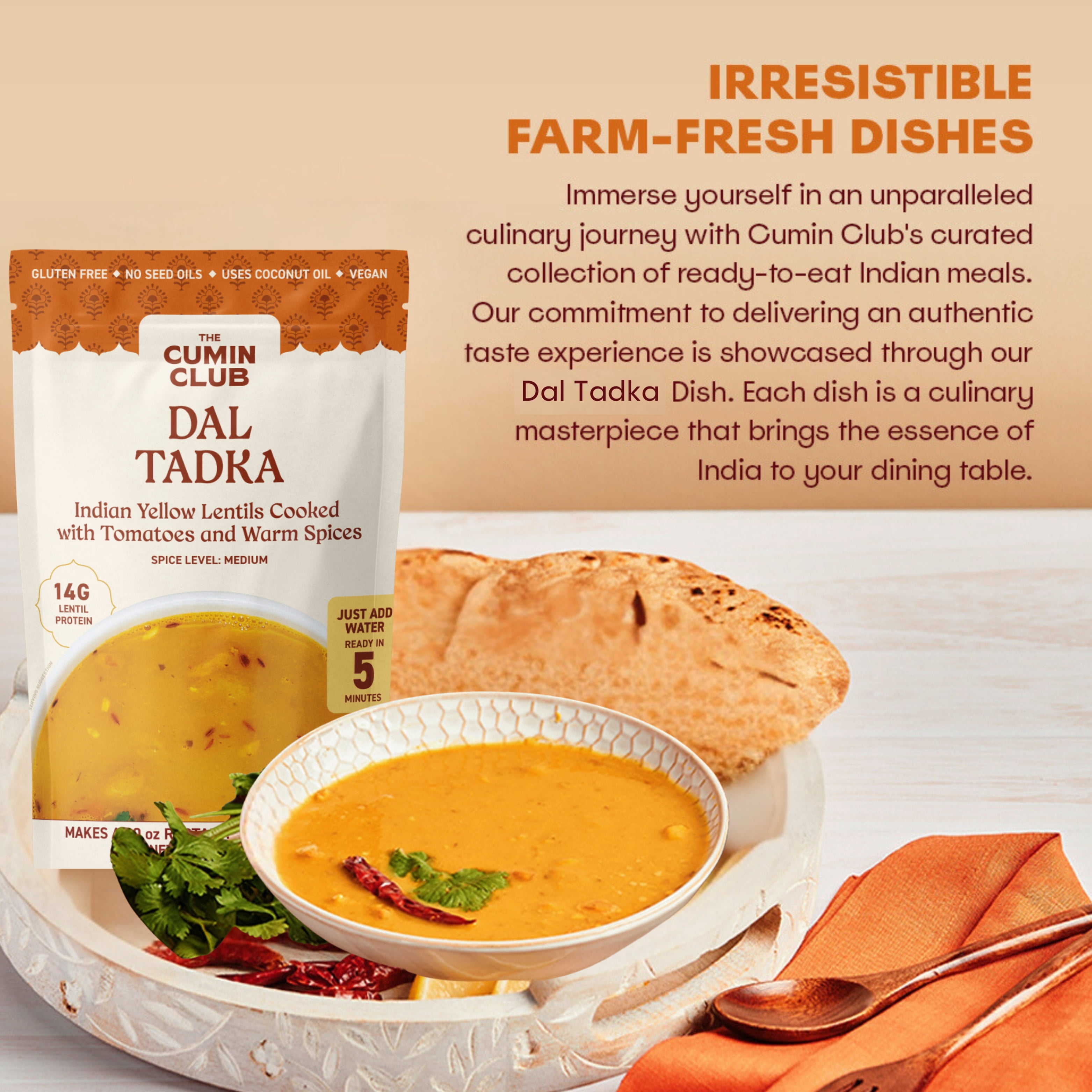 (6 pack) The Cumin Club Dal Tadka - Instant Indian Food - Ready to Eat Yellow Lentils - 10oz Meal
