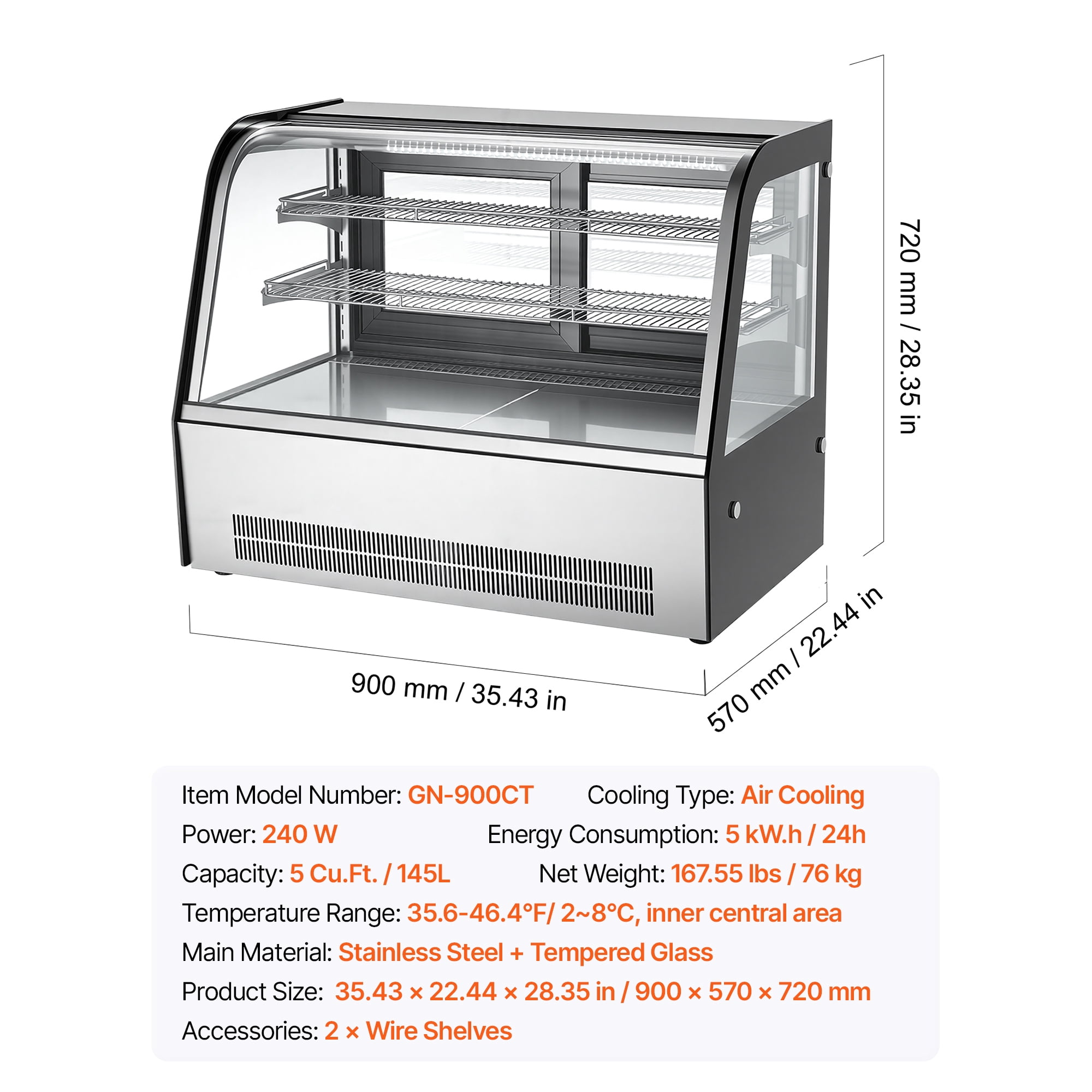KFFKFF Refrigerated Countertop Display Case, 5 Cu.Ft./145L Capacity, 2-Tier Commercial Pastry Refrigerator with LED Lighting, Efficient Cooling System, Frost-Free Air Circulation, Ideal for Bakeries