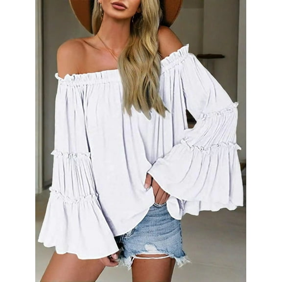 MORTTIC Women's Off Shoulder Blouse – Long Flared Bell Sleeve Casual Loose Fit Top for Everyday Wear