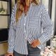 thumbnail image 2 of Camisa suelta con cuello en V y temperamento a rayas de un solo pecho para mujer Pompotops FGAJ16348, 2 of 5