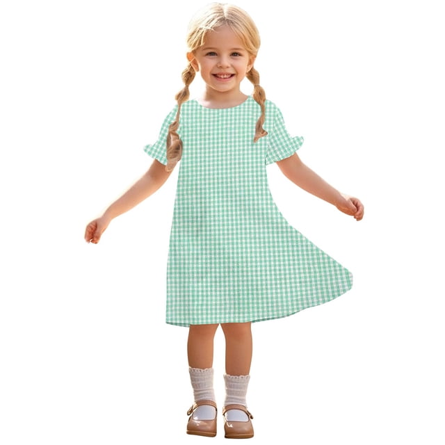 Zpanxa Robes d'Été pour Filles Décontractées à Manches Courtes Col Rond Imprimé Robe en Polyester Spandex Vert Menthe 5 Ans