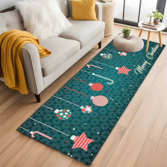 Teal Green Christmas Kitchen Runner Rug 2x6 Washable Runners for Hallway Non Slip Xmas Balls Star Winter Holiday Large Area Rug Indoor Floor Carpet for Bathroom Laundry Entryway Bedroom Living Room