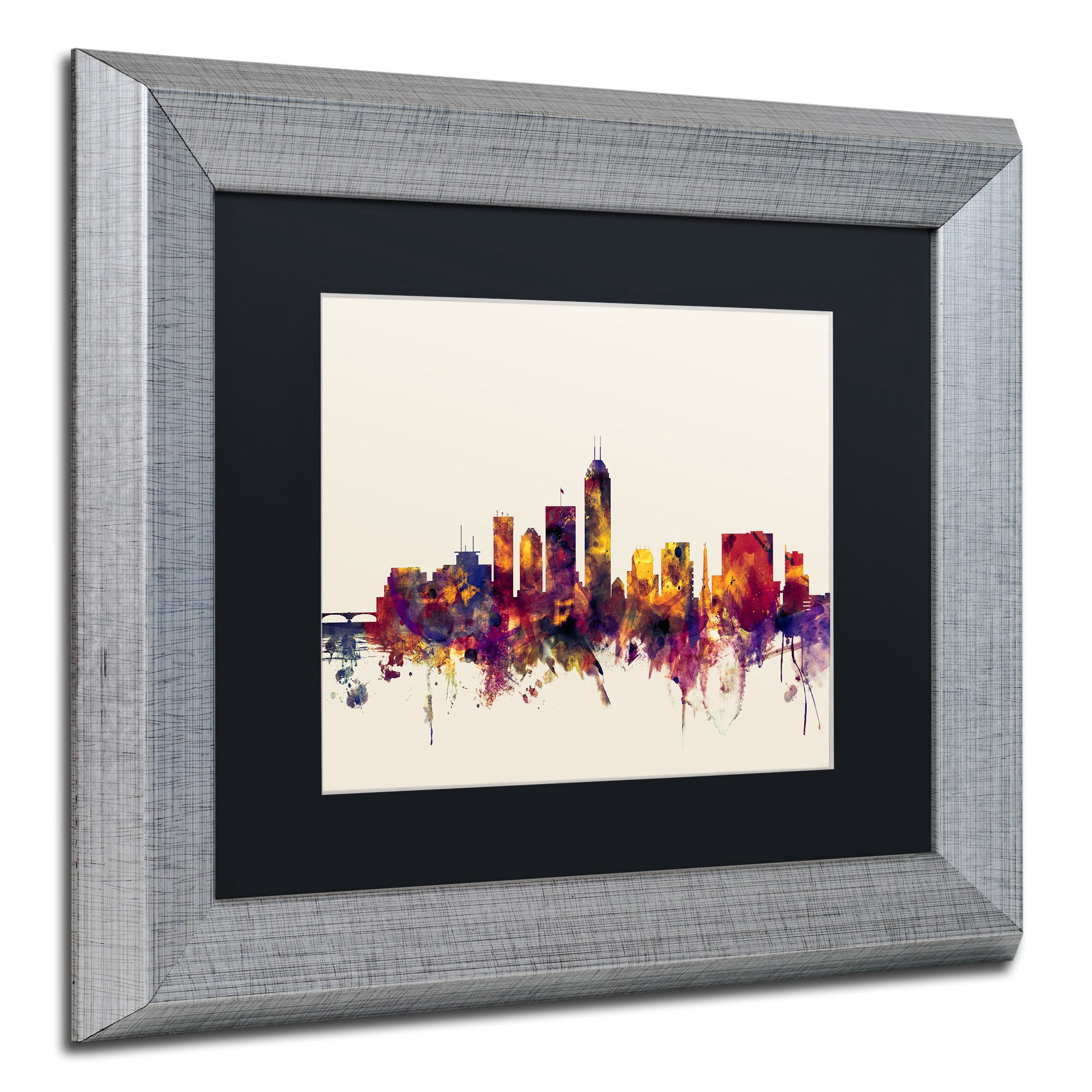 Trademark Fine Art "Indianapolis Indiana Skyline" Canvas Art by Michael Tompsett, Black Matte, Silver Frame