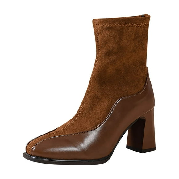 Lovzfmll Ankle Boots for Women, Mid Calf Square Toe Low Heel, Chunky Mid Heel Square Toe Chelsea Leather Boots Casual Brown Boots