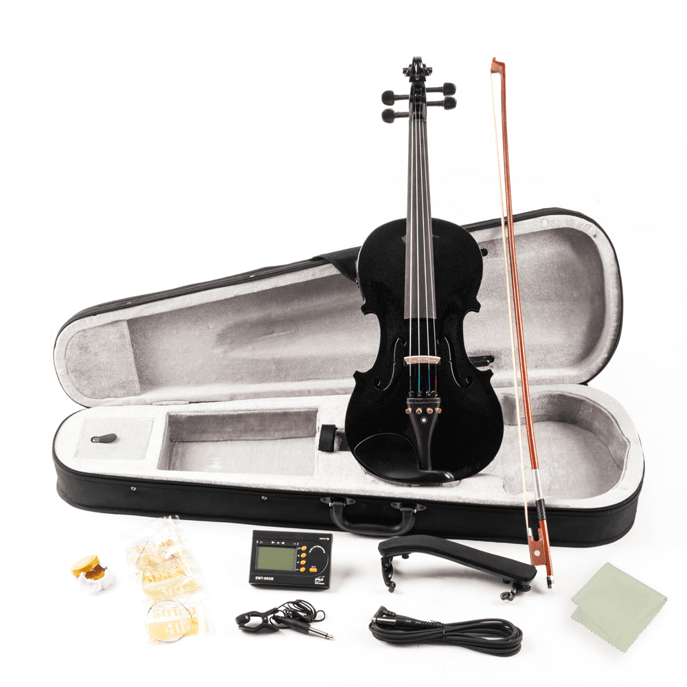 Tcbosik 4/4 Violin Set with Electronic Tuner and Connecting Wire for Adults, Fiddle Beginner Kit with Case, Bow, Strings and Shoulder Rest, Black