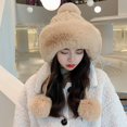 thumbnail image 4 of Faux Fur Knitted Beanie Hat for Cold Weather Cute Four Pompom Ball Cossack Skiing Furry Hat Winter Thicken Warm Hat -Beige, 4 of 8