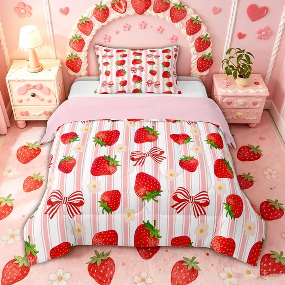 spefrowx Kawaii Strawberry Bow Print Twin Comforter Sets for Girls, Pink Stripe Floral Bedding Set, Pink Reversible, 2 Pieces, 1 Comforter and 1 Pillowcase