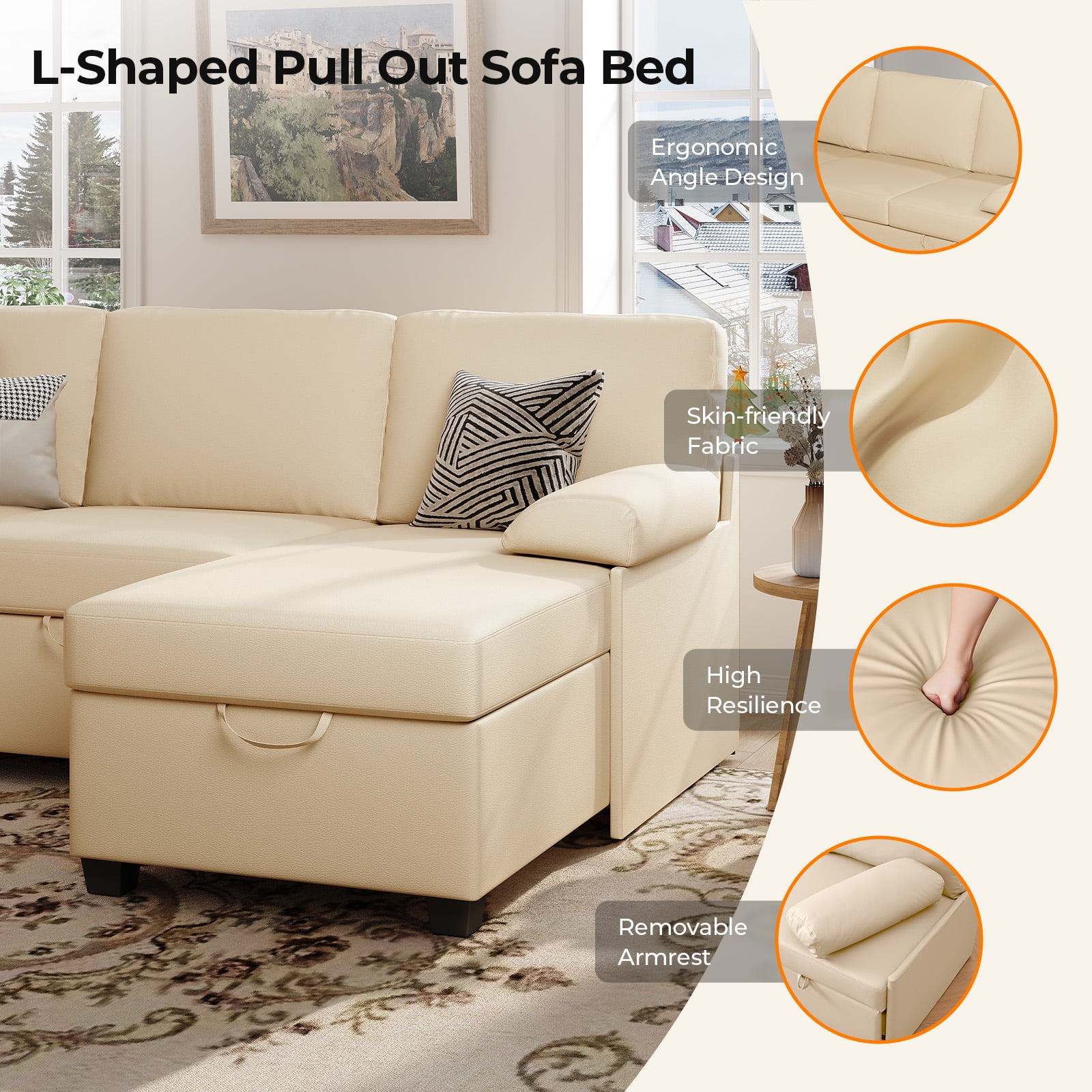 COPIAE 80” L Shaped Sofa Sleeper, 2 in 1 Pull Out Sofa Bed with Upholstered Cushion, Faux Leather Couch with Storage& Removable Armrest, Modern Comfort Sectional Couch Bed for Living Room Bedroom