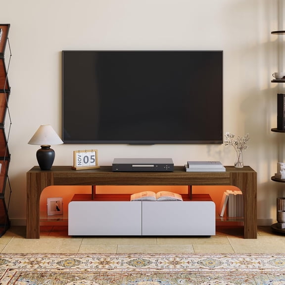 63 in TV Stand Modern Lighting TV Cabinet Entertainment Center Media with 2 Drawer Open Shelf Remote Control 16 Color LED Lights Up to 70 in TV TV Console Table for Living Room Walnut