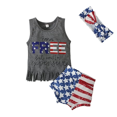 

Toddler Kids Girl Clothes 4Th Of July Words Tassel Sleeveless Independence Day T Shirt Tops Shorts Pp Pants Hairband 3Pcs Outfits Set