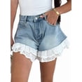 thumbnail image 2 of Women'S Patchwork Lace Trim Hem High Waist Washed A-Line Denim Shorts with Pocket L, 2 of 9