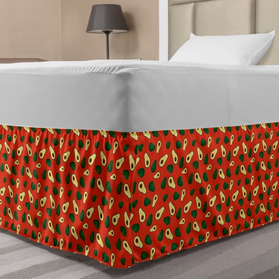 Avocado Bed Skirt, Fresh Summer Food Theme as Half Piece of Multiple Avocado Warm Backdrop, Elastic Bedskirt Dust Ruffle Wrap Around for Bedding Decor, 4 Sizes, Multicolor, by Ambesonne