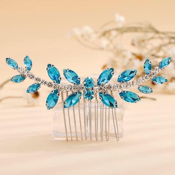 Peineta de Novia de Cristal con Diamantes de Imitación Azules, Peineta Lateral, Delicadas Piezas para El Cabello, Tocados de Novia, Accesorios para El Cabello para Mujeres, Novias