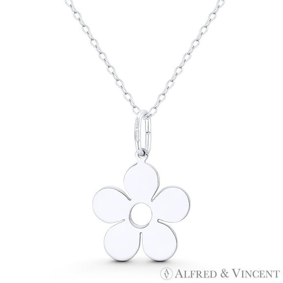 5-Petal Daisy Flower Charm 26x17mm (1x0.7in) Pendant & Chain Necklace in .925 Sterling Silver w/ Rhodium