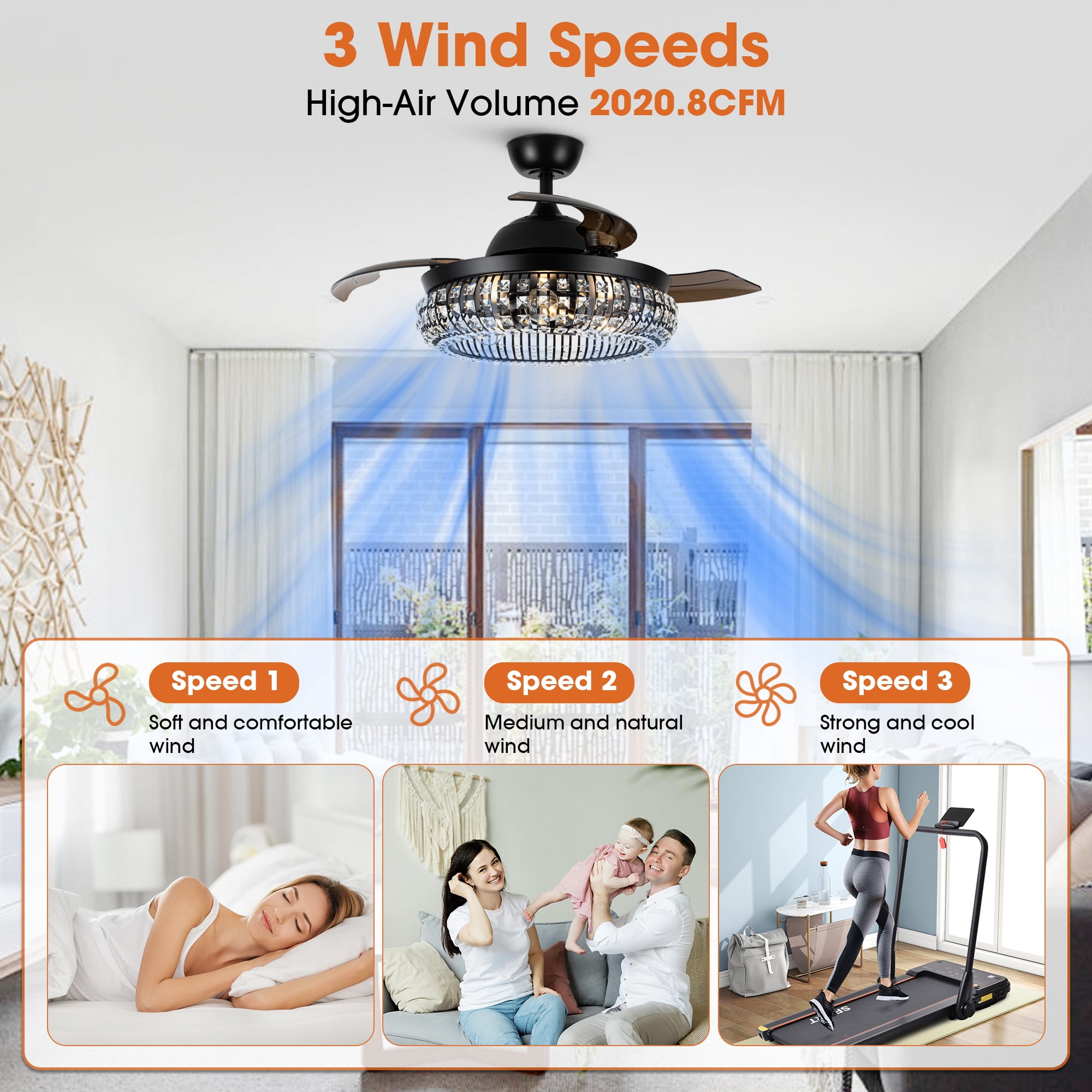 Parrot Uncle Ceiling Fan with Lights and Remote 42 inch Modern Crystal Ceiling Fan with Light 3 Bulbs Not Included, Black