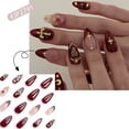 thumbnail image 3 of Almond Press on Nails Medium Wine Red French Tip Fake Nails with Vintage 3D Designs 24pcs for Women Girls, 3 of 6