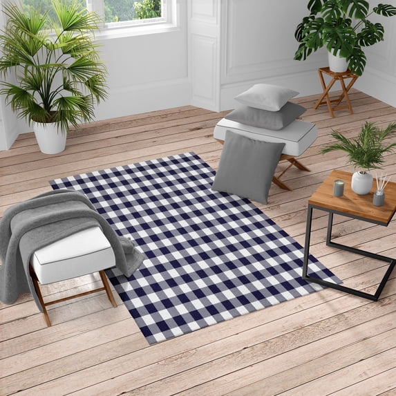 Plaid Turkish Area Rug, Lumberjack Fashion Buffalo Checks Pattern Retro Style Grid Composition, Soft Carpet for Living Room Decor with Distressed Look, 2.6' x 5', Navy Blue and White, by Ambesonne