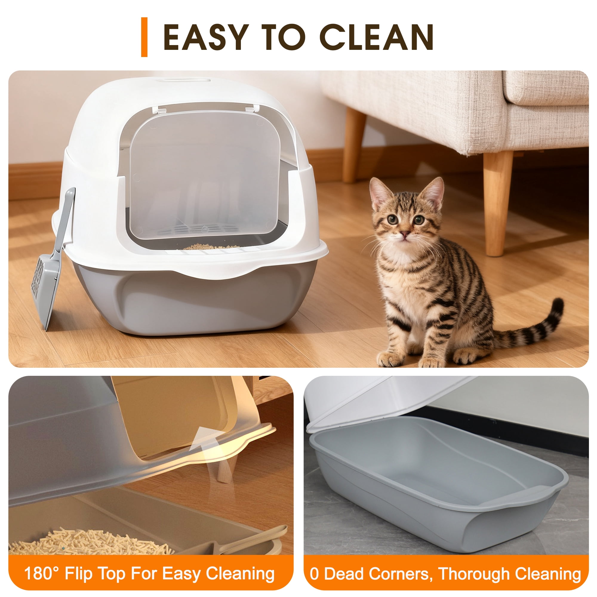 CISILOV Cat Litter Box with Lid, Enclosed Cat Box with Litter Scoop and Odor Filter, Covered Litter Box for Indoor Cats Easy to Clean, Grey