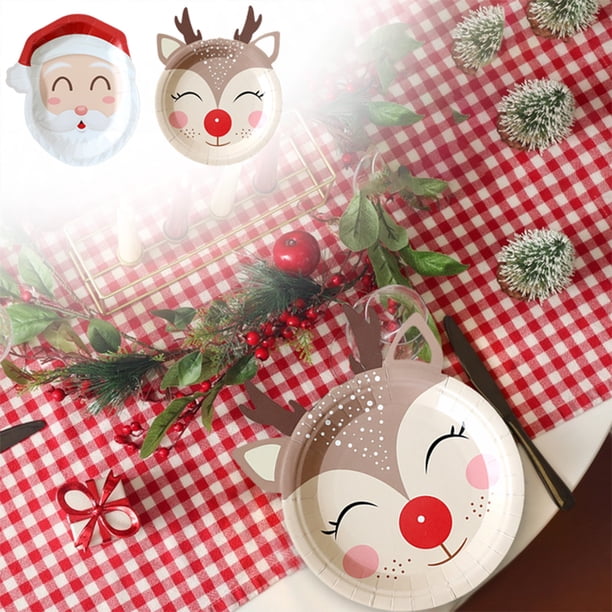 Platos de papel desechables para fiestas de Navidad - 10 de 10 minutos, diseño de Papá Noel y ciervos, blanco y caqui, cena navideña y decoración