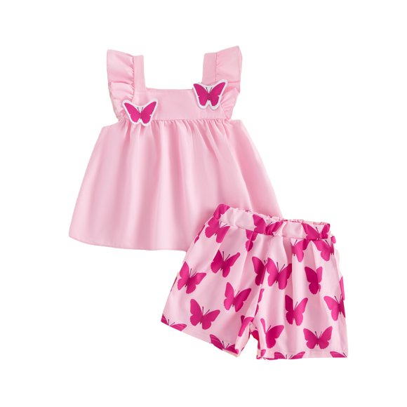 vigerkar Vêtements pour Fille Ensembles Hauts à Manches à Volants Shorts Tenue d'Été 6 12 18 24 Mois (Rose, 18-24 Mois)