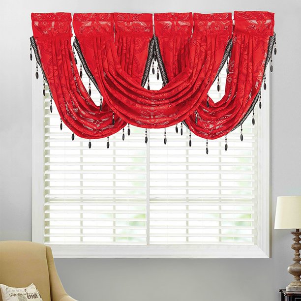 Xihbxyly Cenefa Roja Transparente para Ventana, Elegante Diseño con Ribete de Borlas, Fácil de Renovar, Versátil con Cortinas Existentes, Tamaño de 94 X 144 Cm, Que Mejora El Ambiente de La Habitació