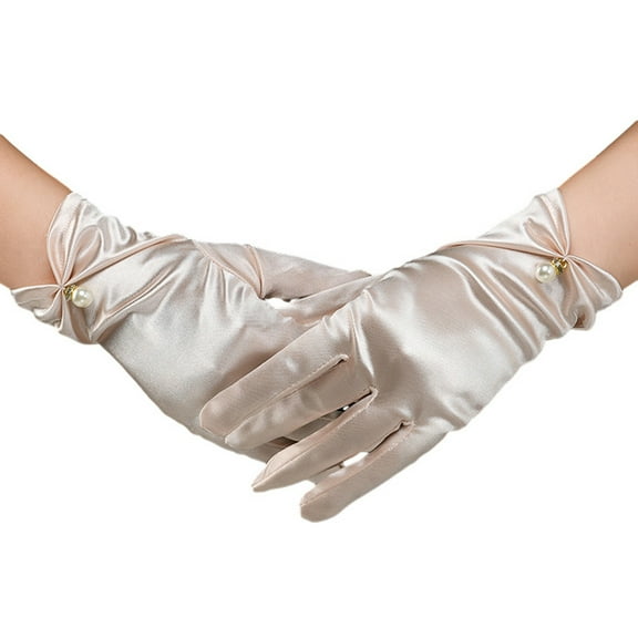HUANLEDASH 1 Pair Retro Smooth Satin Bride Gloves Faux Pearls Decor Pleated Cuffs Solid Color Vintage Wedding Gloves