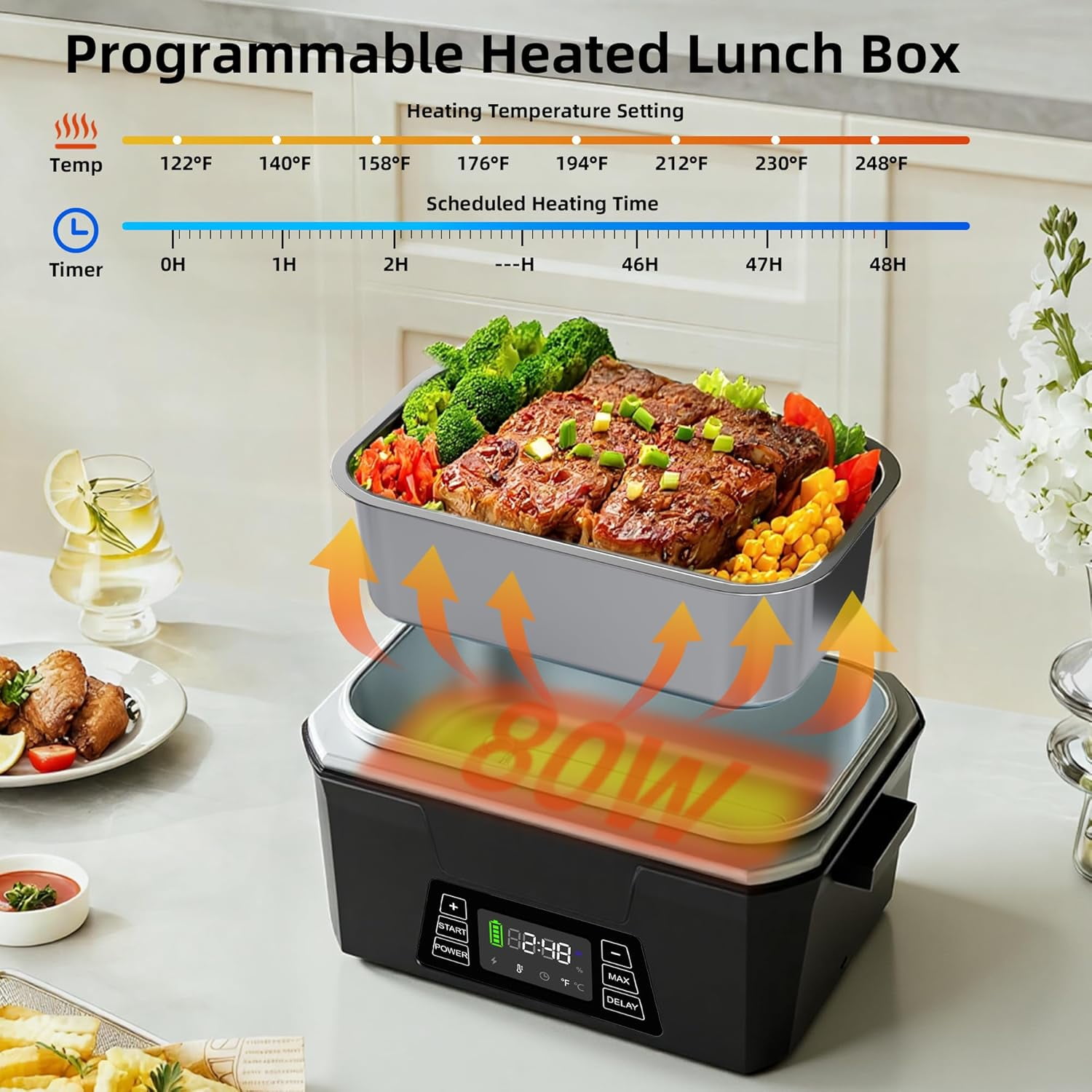 Monteka Cordless Electric Lunch Box for Adults, Portable Battery Powered Heated Lunch Box with APP, 1.2L Automatic Scheduled Heating Lunchbox for Office Work Car Travel Outdoor