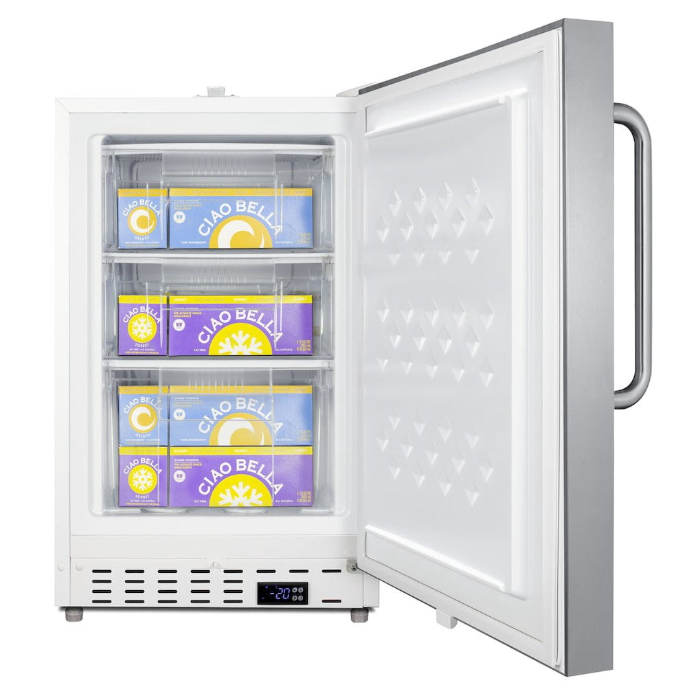 Commercially aproved undercounter ADA compliant all-freezer with white cabinet and stainless steel door