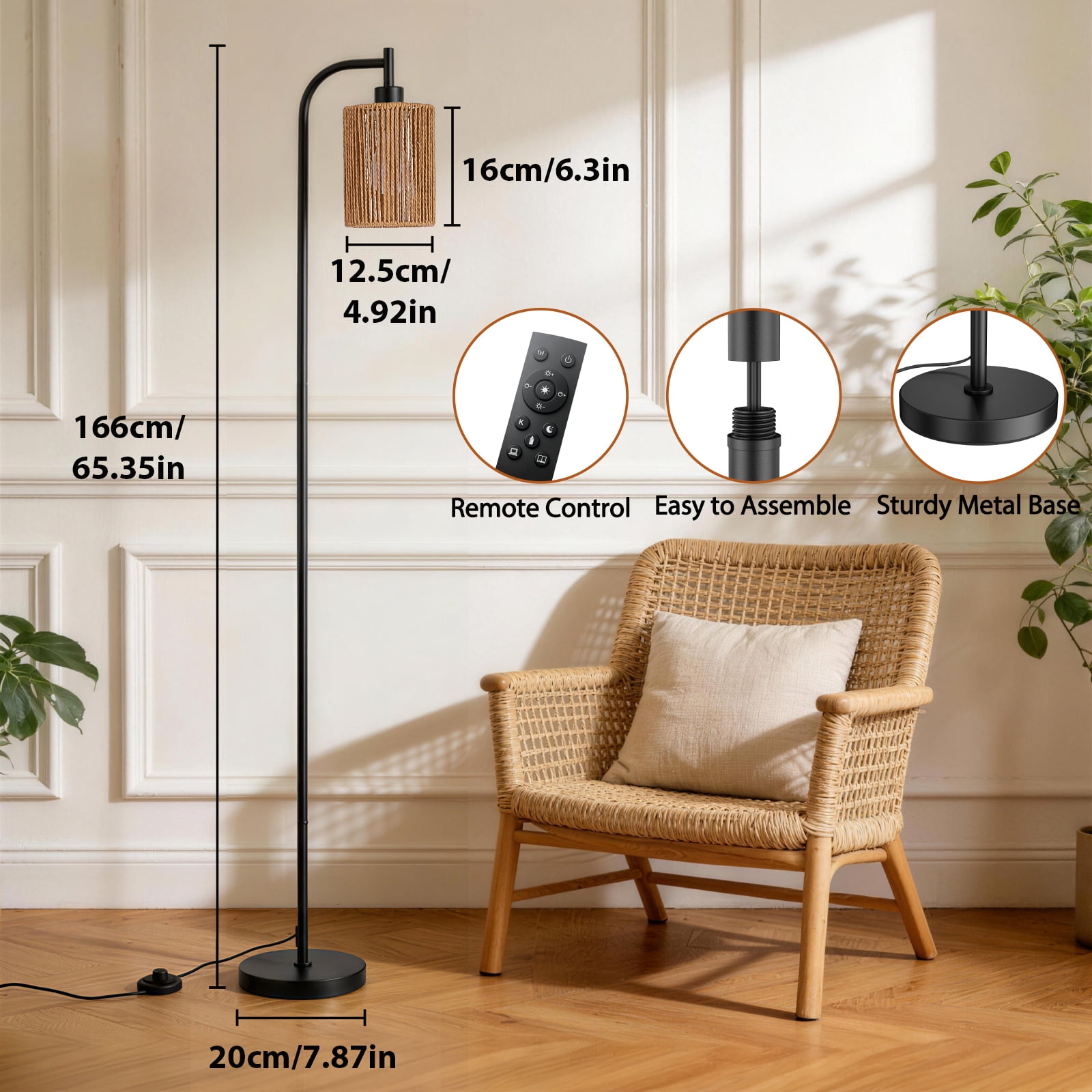 66" Rattan Floor Lamps for Living Room with Remote Control 3 Color Temperature Dimmable Boho Standing Lamp Tall Pole Lamps for Bedroom, Office,Black,Bulb Included