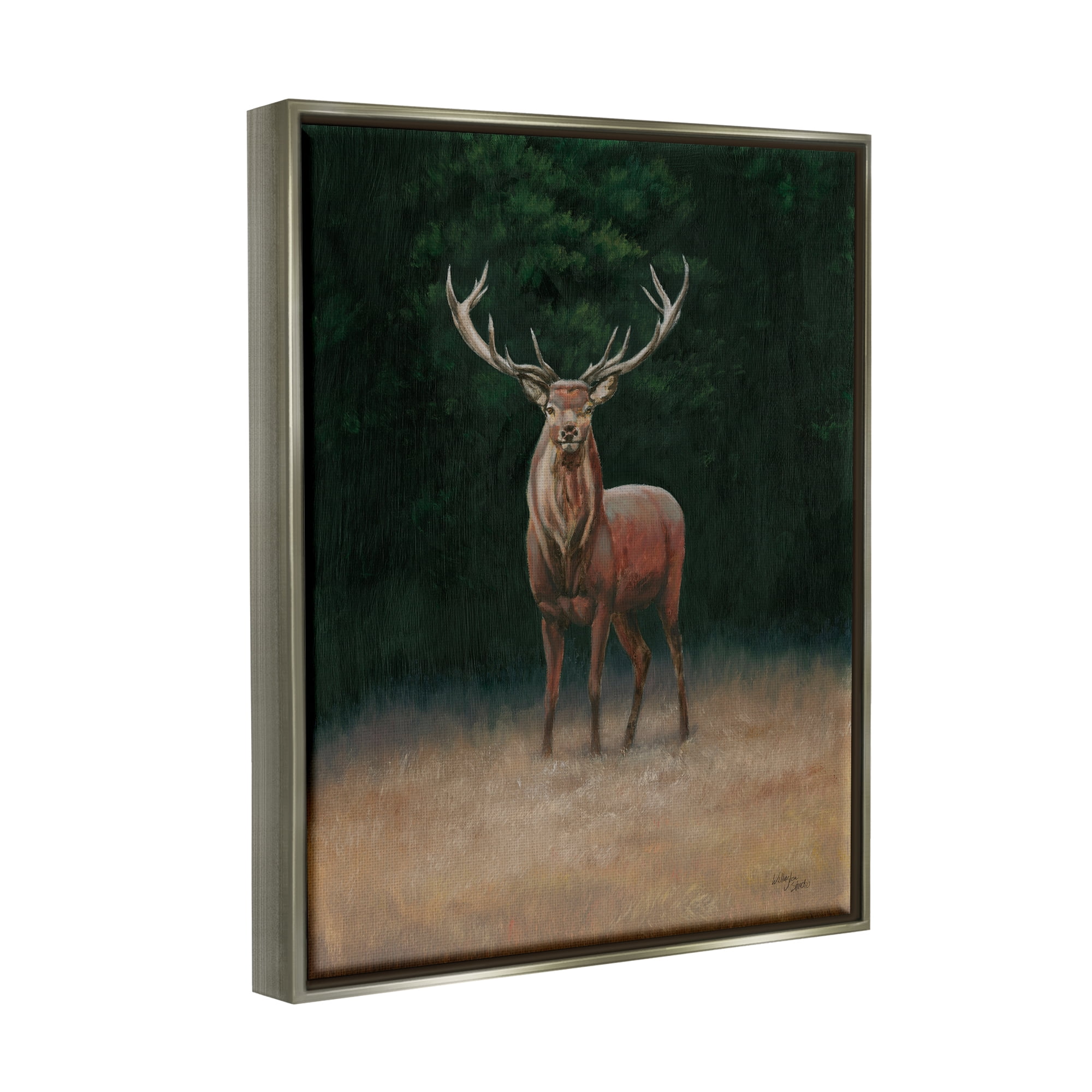 Stupell Industries Deer in Forest Clearing Animals & Insects Painting Gray Floater Framed Art Print Wall Art, 17 x 21