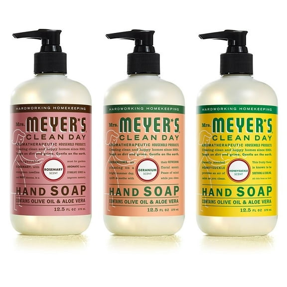Mrs. Meyer's Clean Day Liquid Hand Soap 3 Scent Variety Pack, Rosemary, Geranium, Honeysuckle, 12.5 oz Each, 3 Count