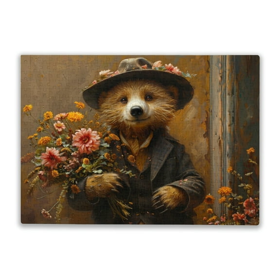500 Pieces Jigsaw Puzzles for Adults Teens - Bear in a Suit and a Hat Holding a Bouquet of Flowers Holiday Fun And Modern Summer Home Decor