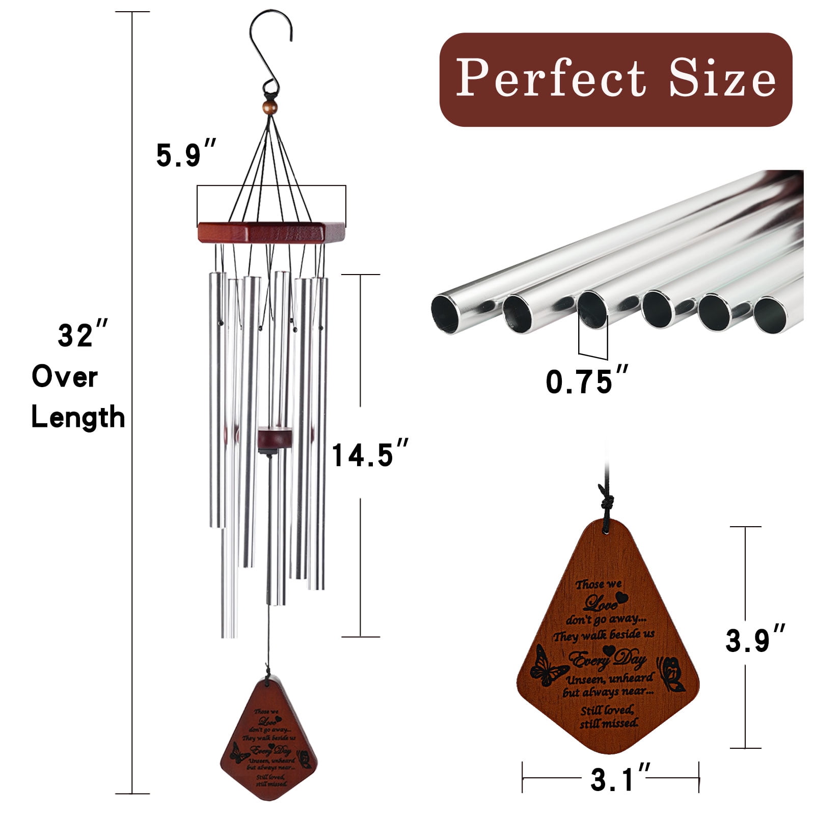 ZOMWOOA Memorial Wind Chimes Outdoor, 32 Inch Large Sympathy Wind Chimes for Loss of a Loved One, Bereavement/Memorial Gift/Sympathy Gift in Memory of Loved One Condolence Remembrance（Silver）
