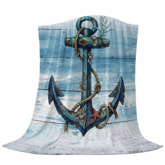 Summer Ocean Anchor Fleece Throw Blanket Lightweight Vintage Nautical Coastal Sea Blue Anchor Wood Grain Fuzzy Flannel Throws Super Soft Cozy Flannel Blanket for Couch, Sofa, Bed, Travel 40"x50"