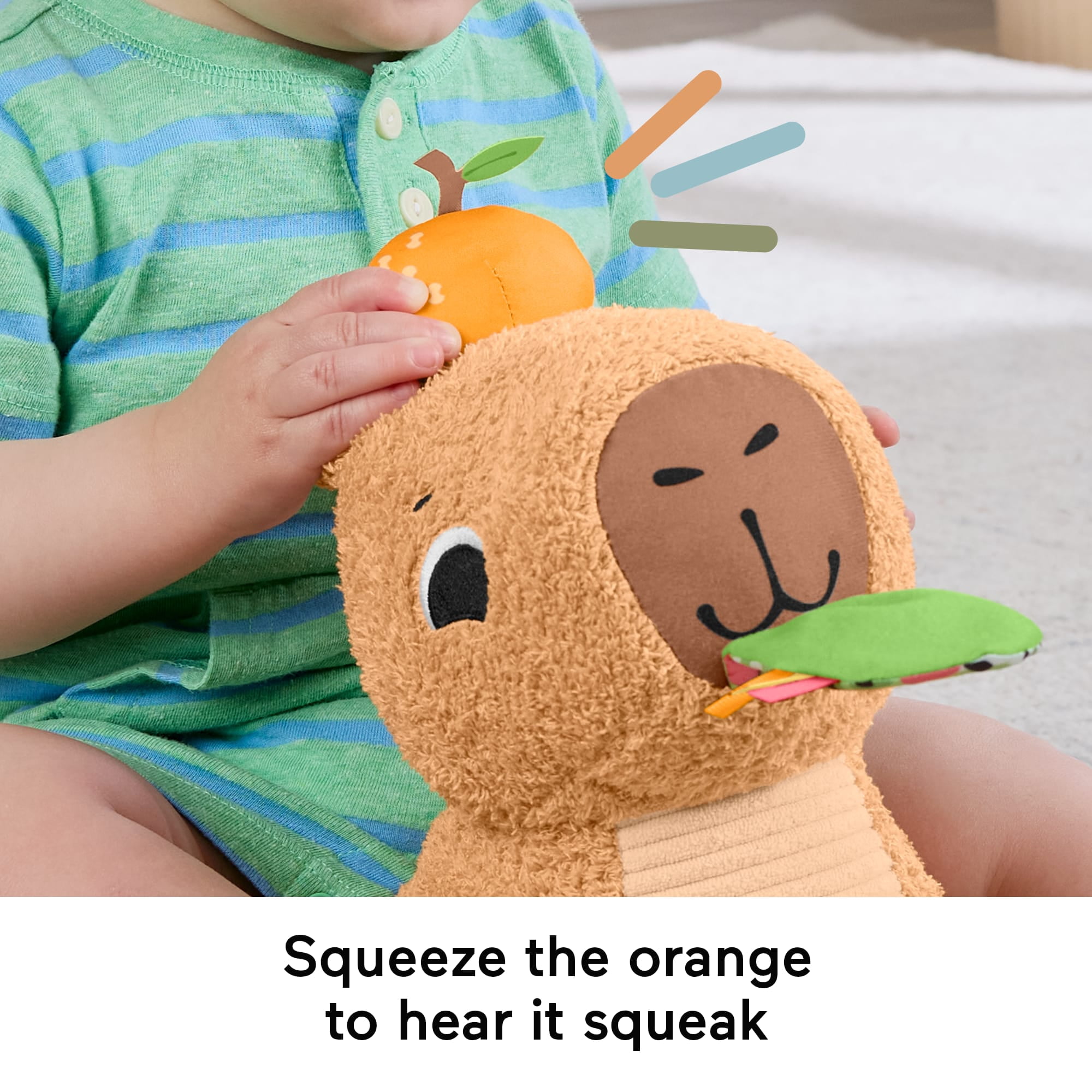 Fisher-Price Snuggly Snacky Capybara Plush Baby Sensory Toy with Teether & Rattle for Newborns