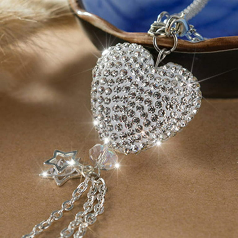 Bling Car Accessories for Women ＆ Men Bling White Heart and Pink Fuzzy  Drops Bling Rinestones Diamond Car Accessories Crystal Car Rear View Mirror