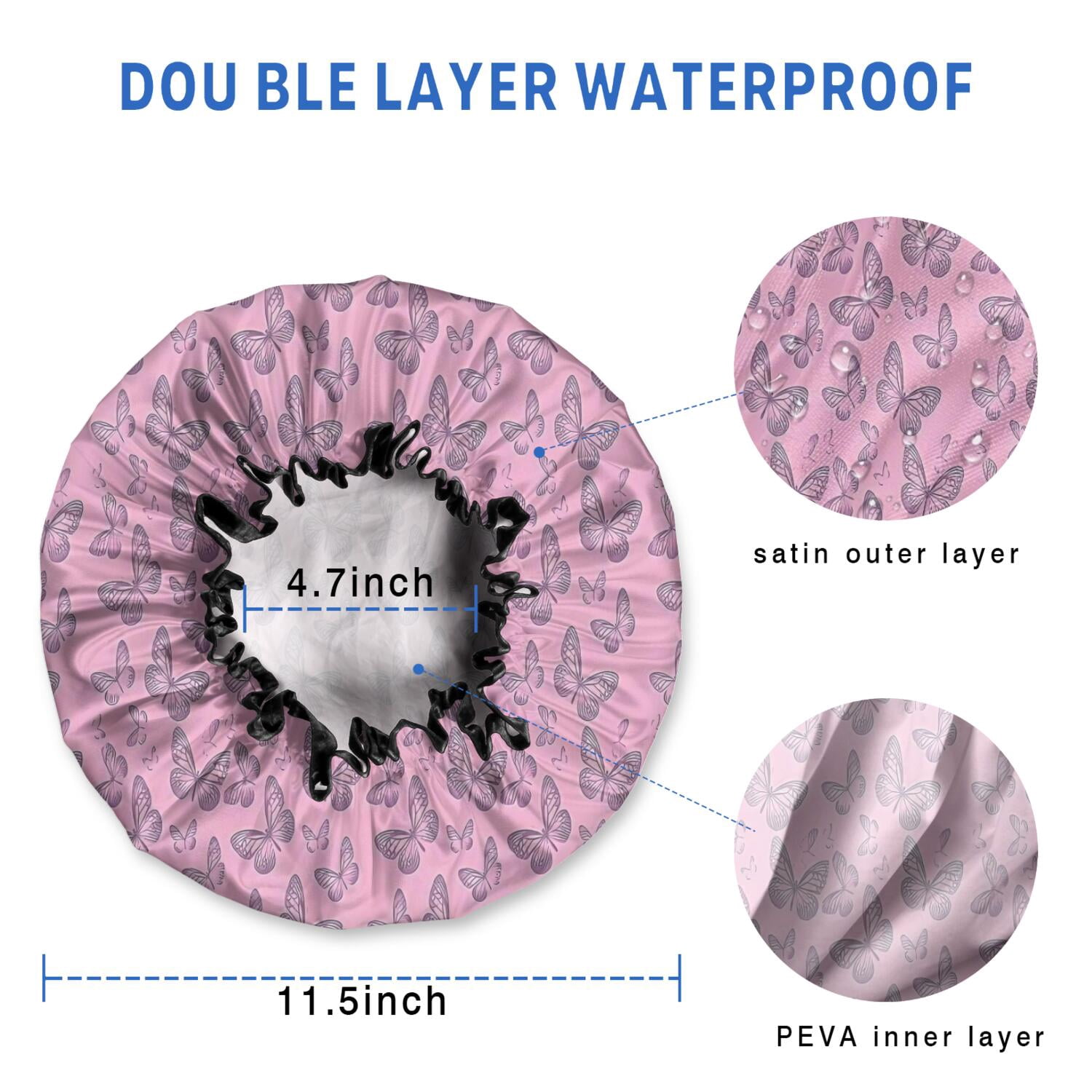 Shower Caps,Pink Butterfly Pattern Waterproof Shower Cap for Women 4 Pieces,Double Reusable Hair Cover for Shower PEVA Elastic Stretch Hem