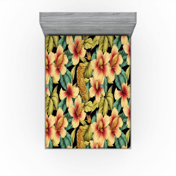 Ambesonne Hawaiian Fitted Sheet, Vintage Pinkish Hibiscus, California King, Amber Fawn and Teal