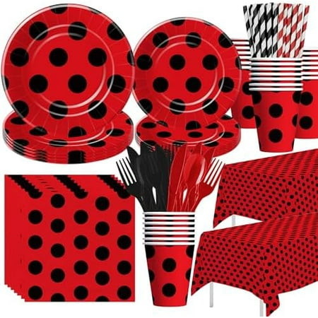 Ladybug Birthday Party Decorations Tableware - Ladybug Party Supplies, Plate, Cup, Napkin, Tablecloth, Cutlery, Straw, Lady Bug Theme 1st 2nd 3rd Birthday Baby Shower Decorations | Serve 24