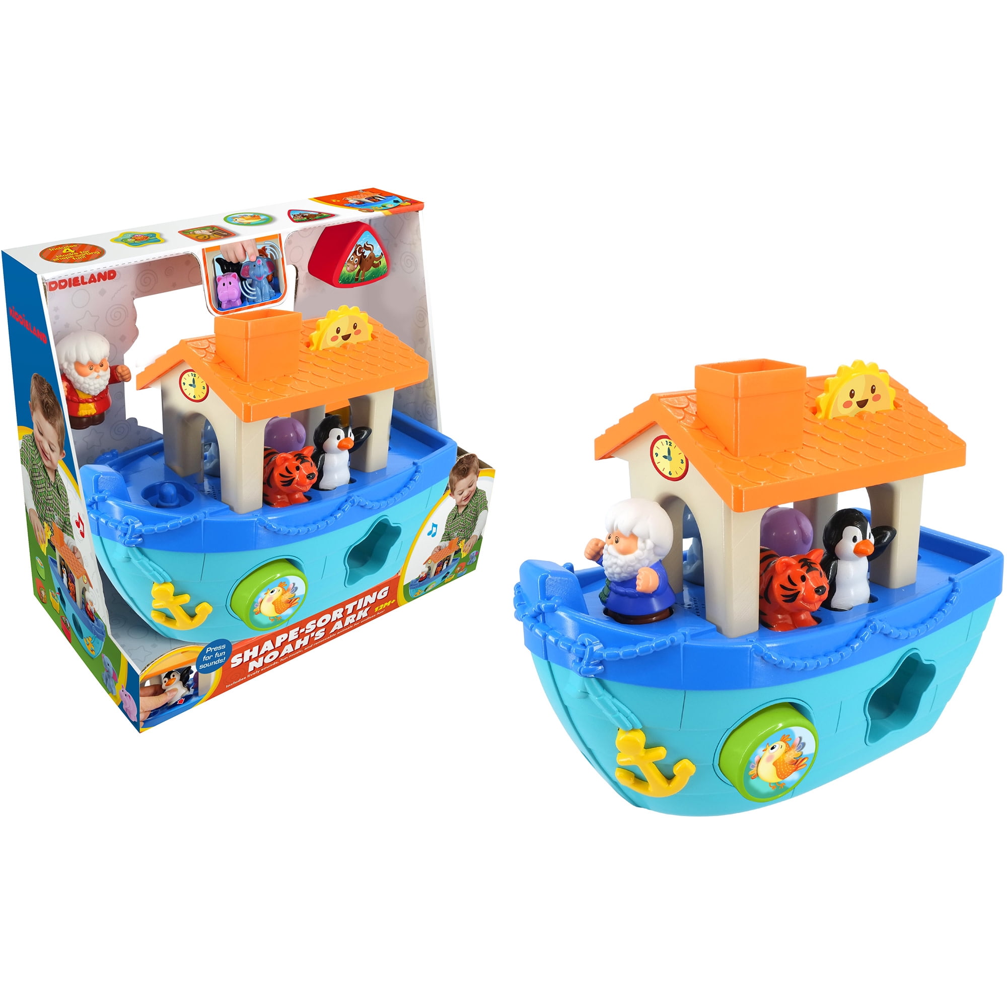 Kiddieland: Shape-Sorting Noah's Ark - Interactive Boat Playset, Sound Effects, Noah & 5 Animal Figurines, Shapes Piece Fitting, Kids Toddlers 12mo+