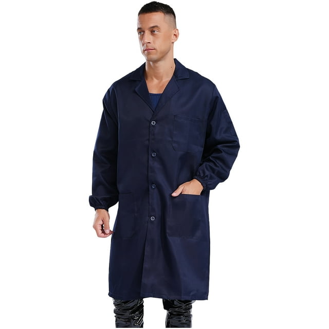 TiaoBug Unisex Mens Womens Work Coat Long Sleeve Front Button Lab Coat Jackets Mechanical Workwear Navy Blue 170/L