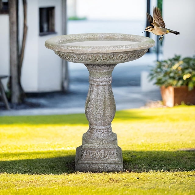 Bañera de hormigón para pájaros SunJet de 60 cm de altura con pedestal tallado
